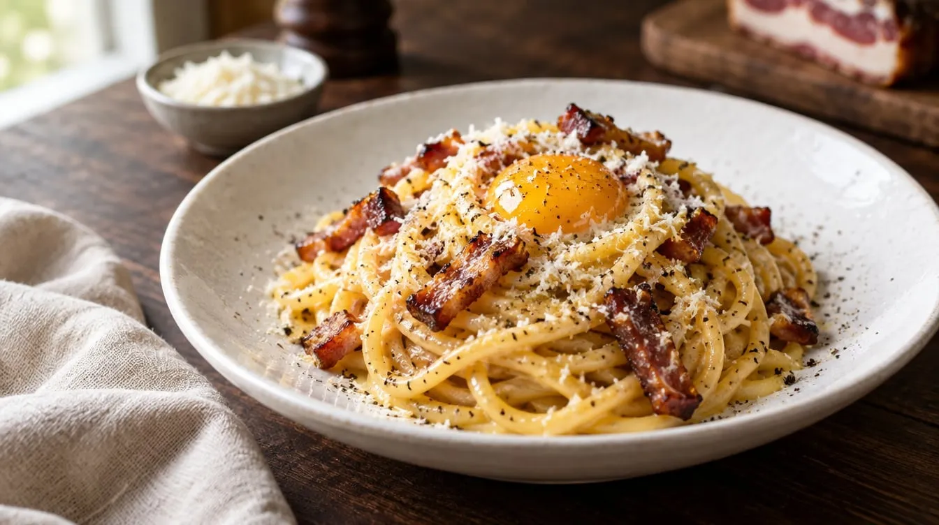 Un piatto di spaghetti alla carbonara con guanciale croccante e pepe nero